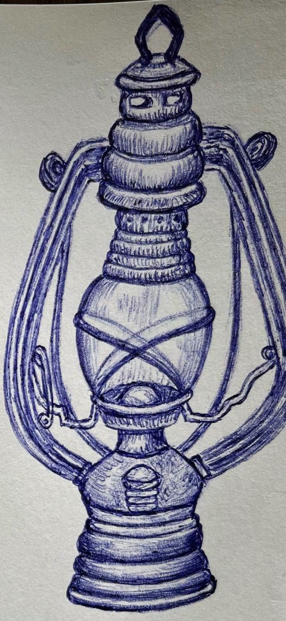 Blue ballpoint pen drawing of an old oil lantern with a ring on top, a glass globe with crossed wire guards and a ribbed round fuel tank, by Marah Maitale Art