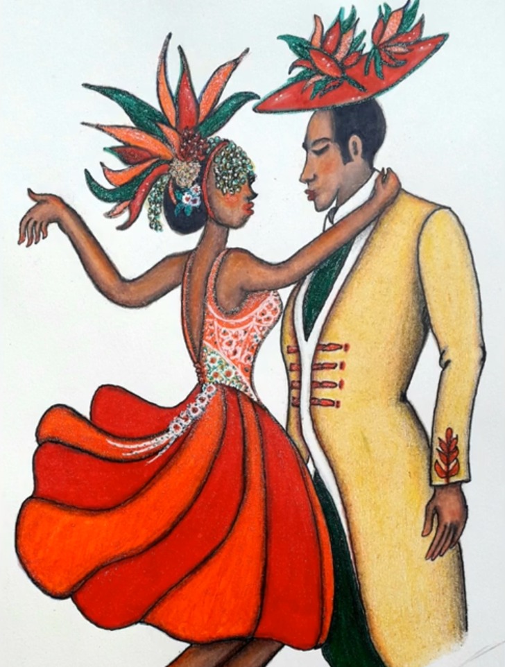 Colored pencil sketchbook illustration of a carnival couple dancing, a woman with a feather headdress and a man in a yellow jacket, by Marah Maitale Art