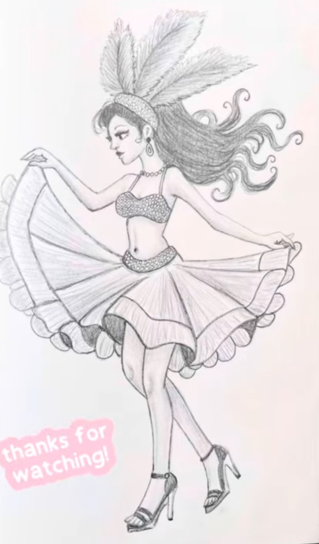 Graphite pencil drawing of a carnival dancer with a tall feather headdress, long flowing hair, a beaded top and a wide ruffled skirt held out at both sides, on a sketchbook page