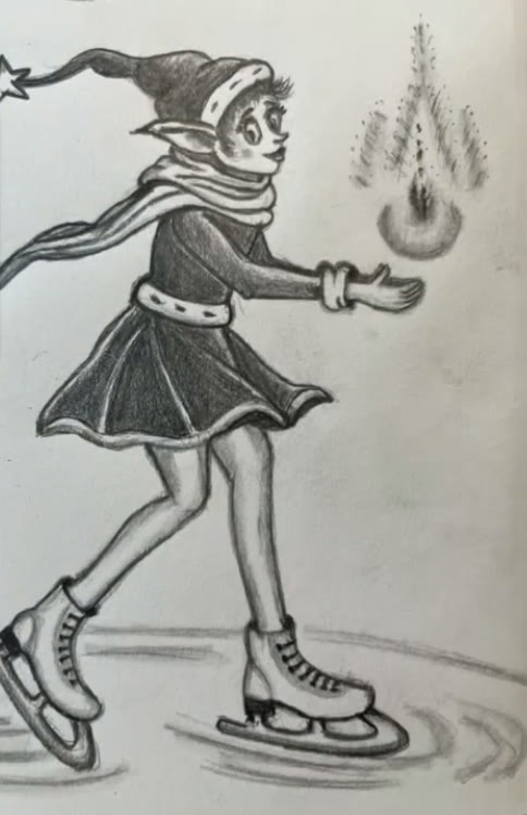 Pencil drawing of a little elf girl with pointy ears, a star-tipped hat and a long flying scarf, figure skating on the ice and reaching for a glowing Christmas light
