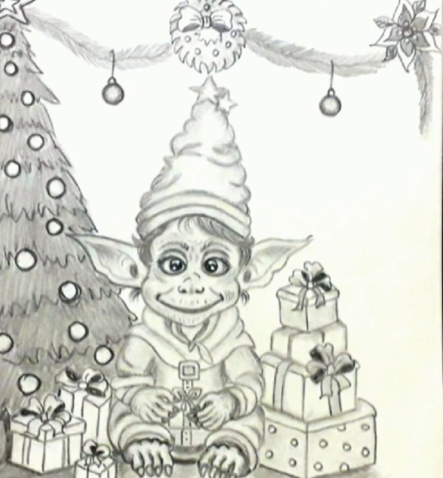 Pencil drawing of a smiling goblin with big pointy ears and a tall star-tipped hat, sitting among wrapped presents beside a Christmas tree with baubles, under a garland with a wreath and a poinsettia