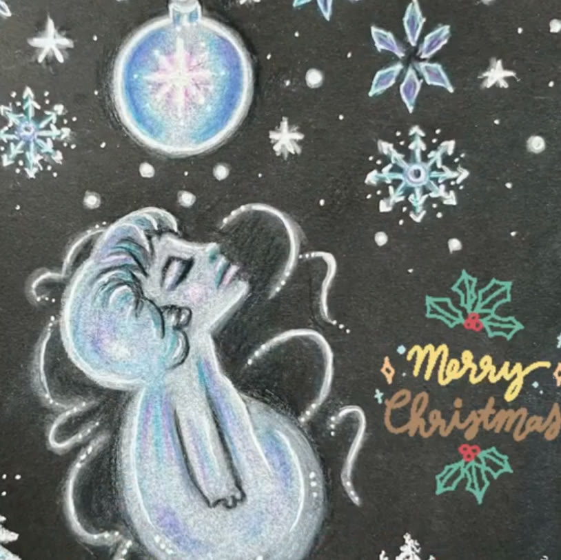 Snow spirit looking up at a glowing Christmas ornament, drawn in white and pastel colored pencil on black paper