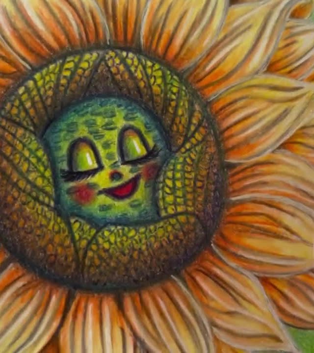 Colored pencil drawing of a sunflower with a sleepy smiling face in the center and golden petals, in a sketchbook