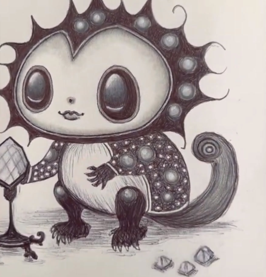 Ballpoint pen drawing of a cute fantasy creature with big shiny eyes, a dark spiky hood with bubbles, a spotted body, a spiral tail and a small mirror on a stand