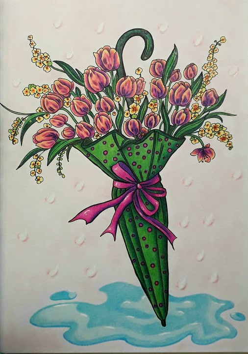 The finished page: a bouquet of pink and purple tulips and yellow blossoms in a closed green umbrella with purple dots and a shiny pink bow, soft pink raindrops and a light blue puddle