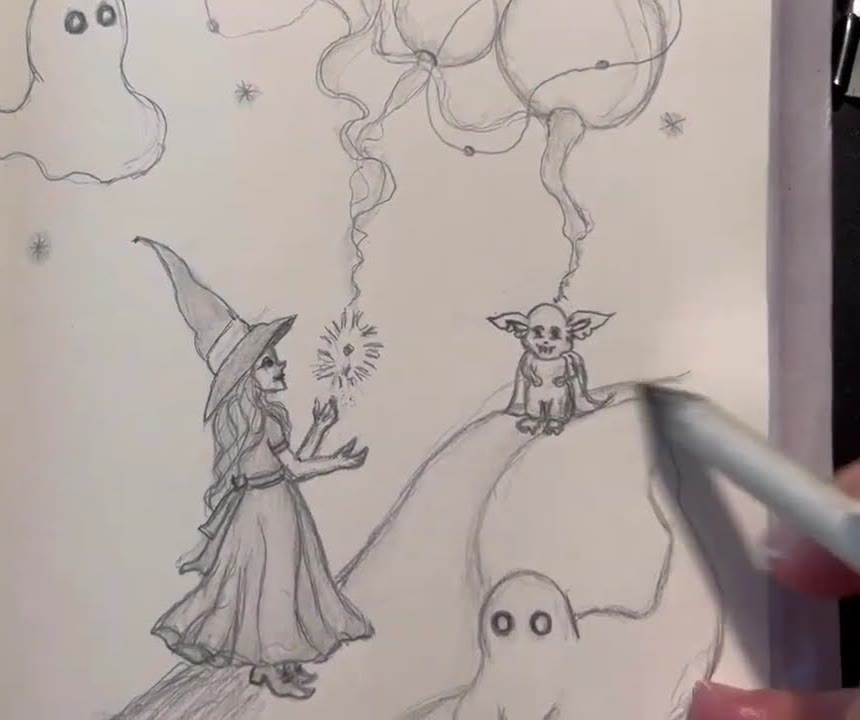 Pencil sketchbook drawing of a witch on a hill casting a spell, with a little ghost, a small creature and swirling magic smoke