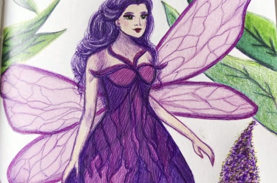 Colored pencil sketchbook drawing of a fairy with long wavy purple hair, green eyes and a pink and purple dress, with big pink dragonfly wings and green leaves behind her