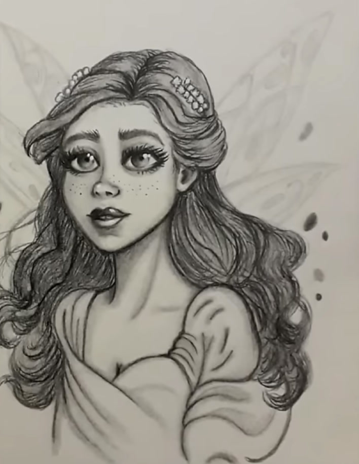 Graphite pencil drawing of a fairy girl with freckles, big eyes, flowers in her long wavy hair and patterned wings