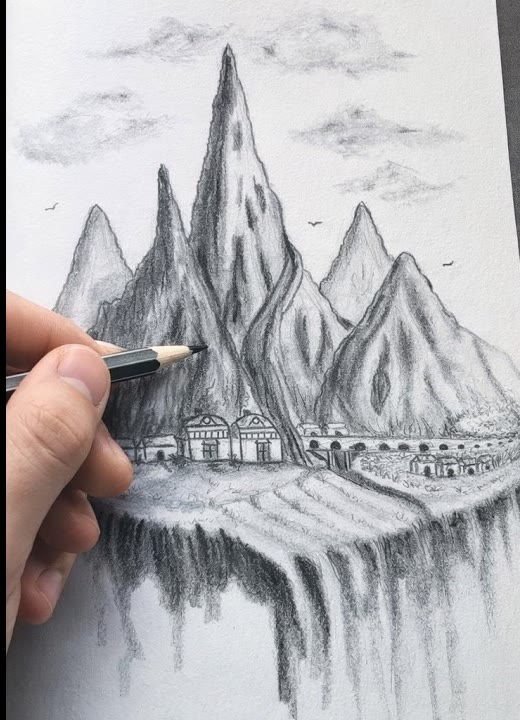 Graphite and charcoal drawing of a floating island with tall sharp mountains, a small village and a rocky base dissolving into mist