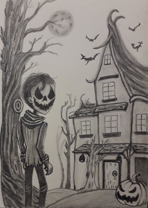 Graphite pencil Halloween drawing of a skinny boy with a jack-o'-lantern face next to a bare twisted tree, in front of a crooked haunted house with a full moon, bats and a grinning pumpkin