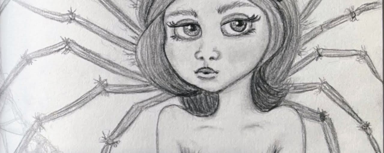 Graphite pencil drawing of a big-eyed girl with a dark bob and long jointed spider legs fanning out behind her
