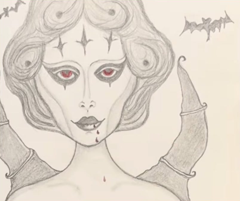 Graphite pencil drawing of a gothic vampire girl with bat wings, red eyes and a drop of blood, by Marah Maitale Art