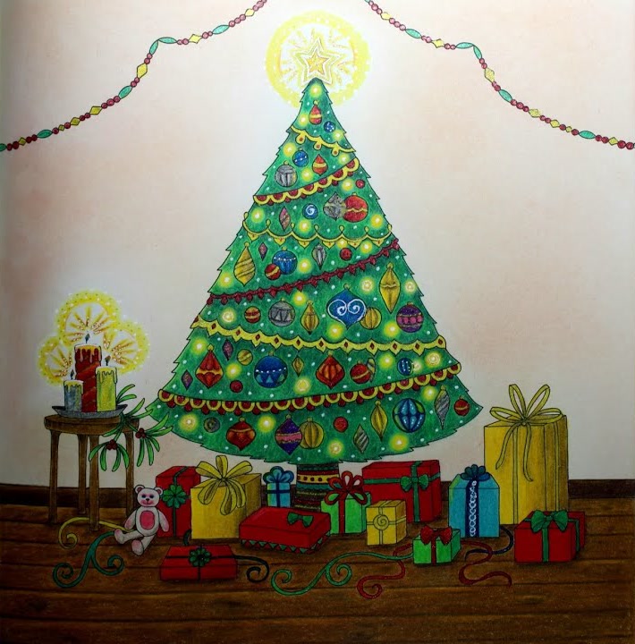 Colored pencil Christmas tree from Johanna Basford's coloring book: a green tree with glowing yellow lights, colorful baubles and a shining star, wrapped presents and a teddy bear on a wooden floor, candles on a side table and a garland above