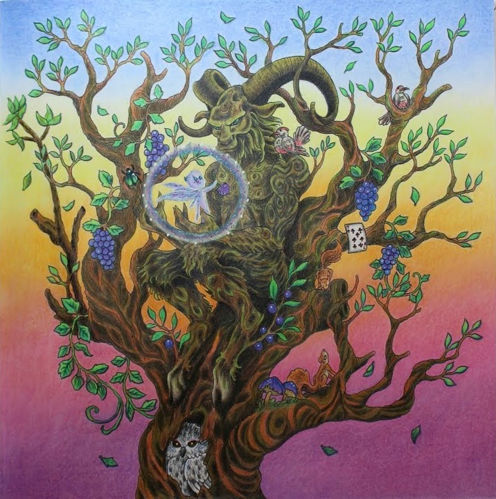 The finished Faun page: a horned faun with olive and gold fur in an old twisting tree, purple grapes, green leaves, small birds, two squirrels, mushrooms, a playing card, an owl in the trunk and a little fairy in a glowing bubble, on a sunset gradient from blue to purple