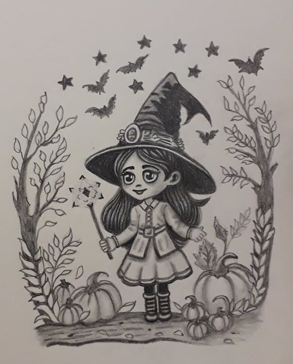 Graphite pencil drawing of a cute little witch girl with long hair, a big pointed hat and a magic wand, standing between two bare trees with pumpkins at her feet and bats and stars above her