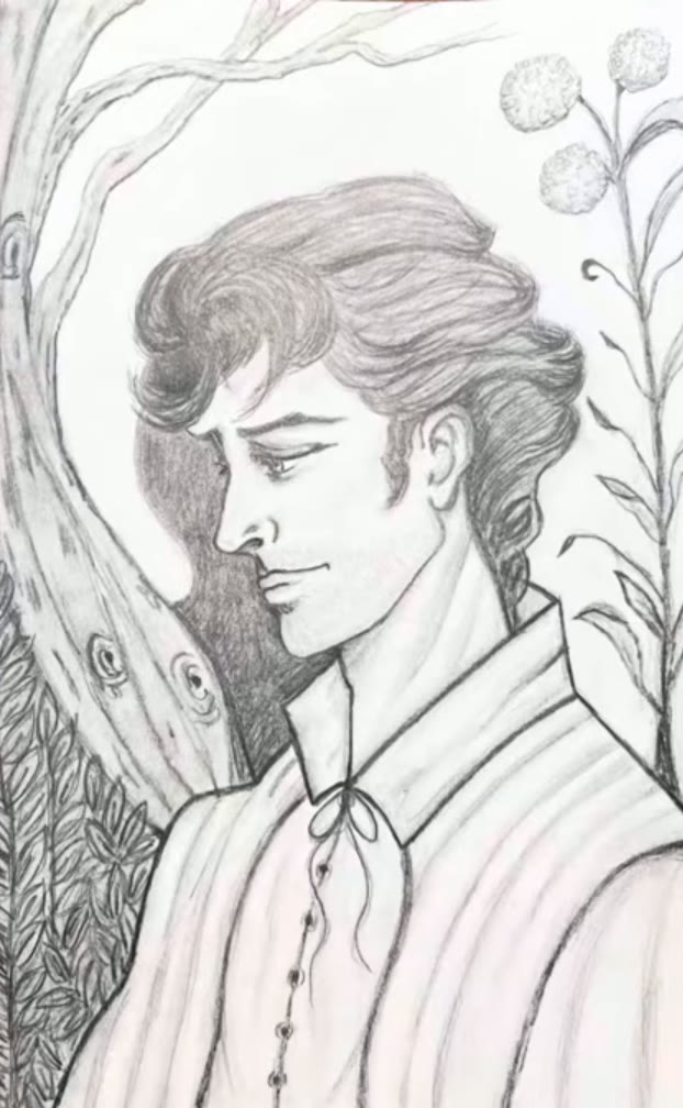 Graphite pencil drawing of a young man with wavy curly hair looking down, wearing a loose shirt with a laced collar and small buttons, framed by a knotted tree trunk and wild plants with round seed heads, on a sketchbook page