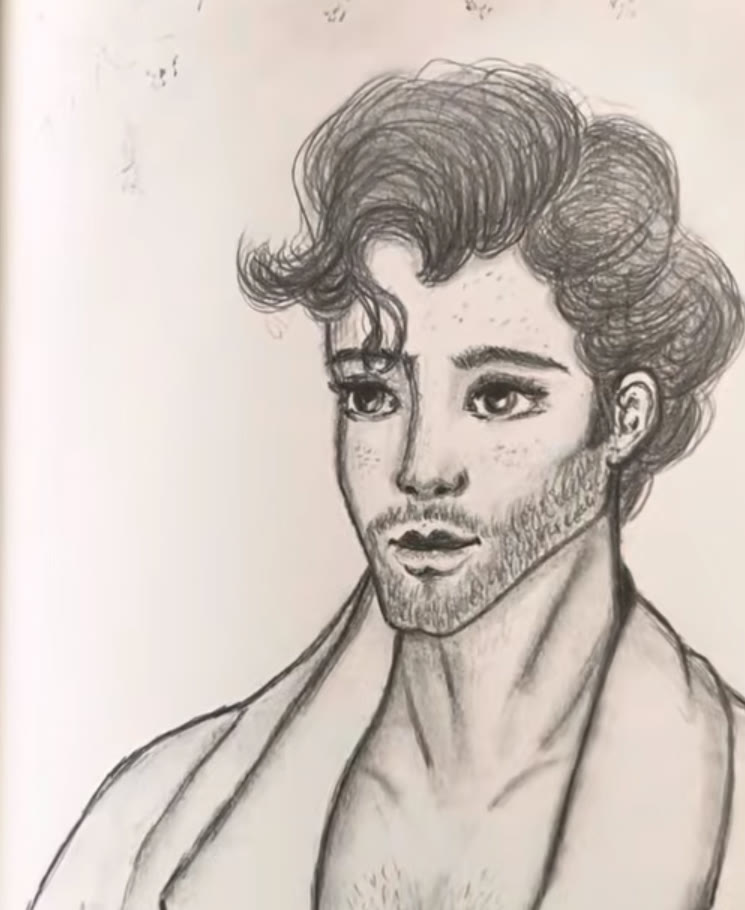 Pencil drawing of a young man with thick curls over his forehead, dark eyes, a short beard and an open shirt