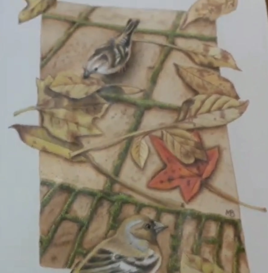 The finished autumn page: a chaffinch on the mossy stone wall at the top, golden dry leaves and a red leaf in the middle, and a second chaffinch with a warm brown face in front of the bricks below