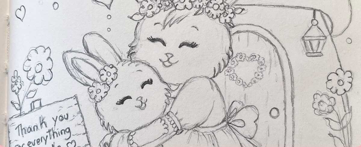 Graphite pencil drawing of a mother holding her child, drawn in a sketchbook for Mother's Day