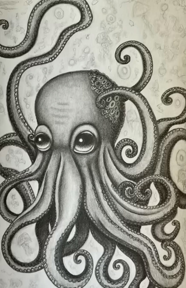 Graphite pencil drawing of an octopus with big glossy eyes and long curling tentacles covered in suckers, with faint jellyfish and bubbles in the background of a sketchbook page