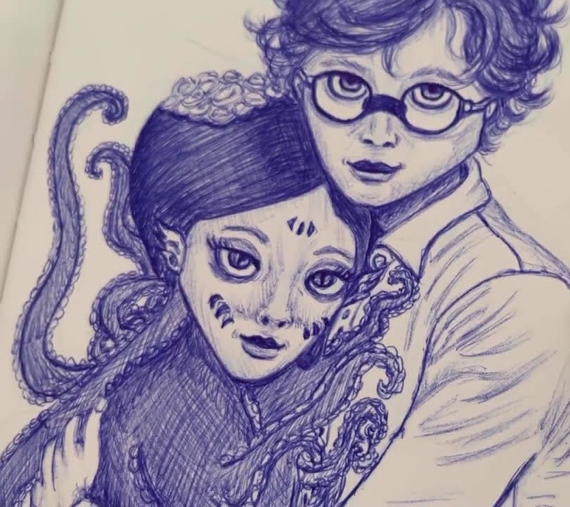 Blue ballpoint pen drawing of an octopus mermaid girl with curling tentacles hugging a curly-haired boy with round glasses in a sketchbook