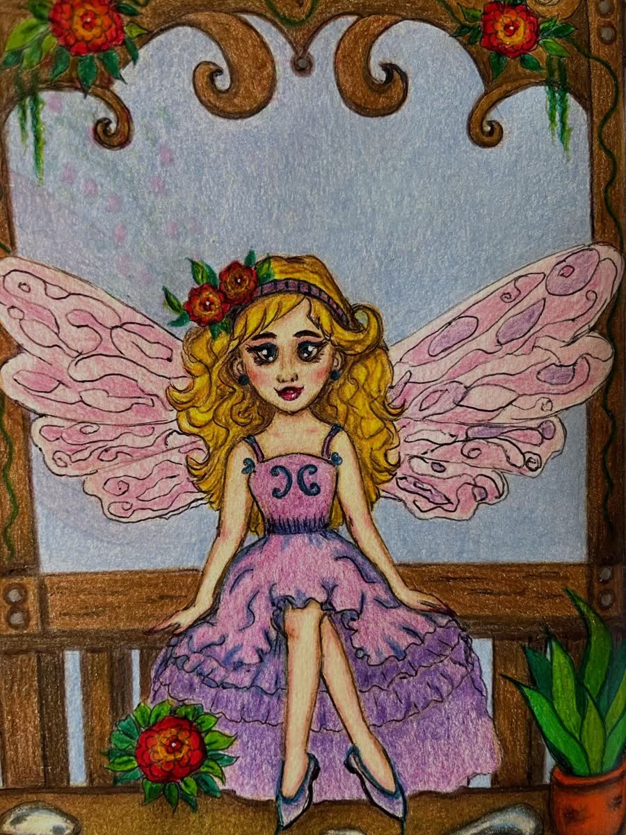 Blonde fairy with pink wings, a red flower crown and a lilac dress being colored with Faber-Castell Polychromos colored pencils in a sketchbook