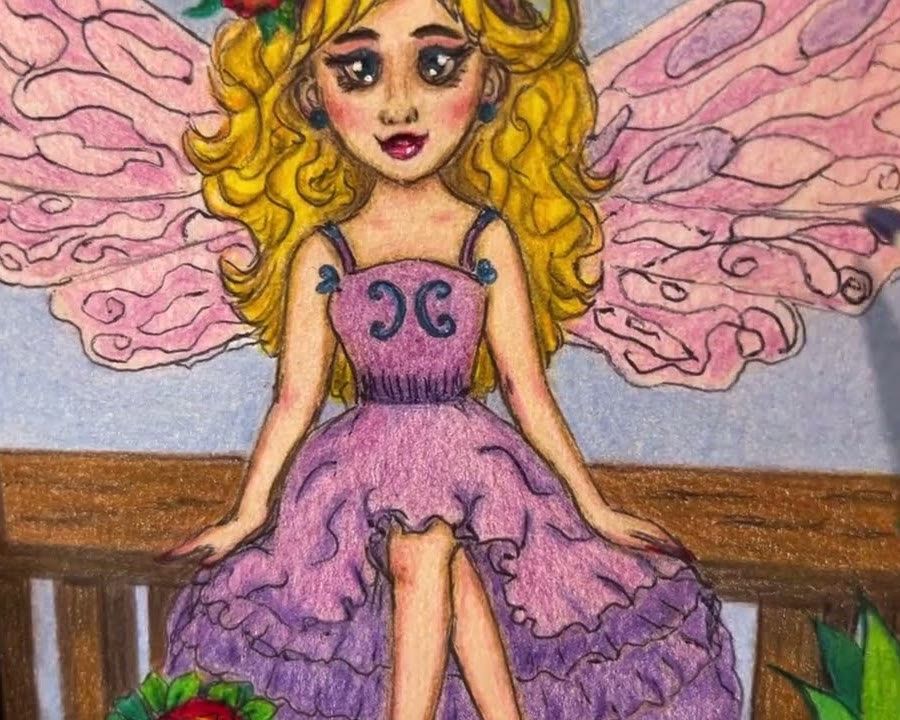 Colored pencil drawing of a blonde fairy with pink wings and a lilac ruffled dress sitting on a wooden bench, colored with Faber-Castell Polychromos in a sketchbook