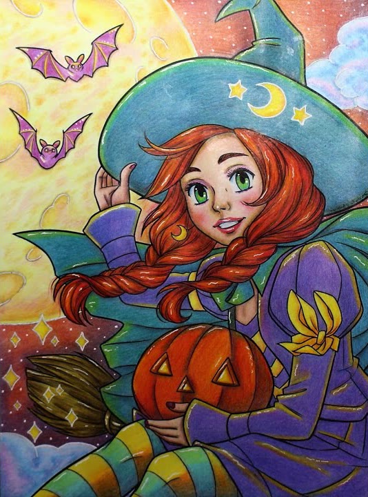 Colored pencil Halloween coloring page of a red-haired witch with long braids, green eyes and a teal hat with a moon and stars, holding a jack-o'-lantern on her broom in front of a big yellow moon with purple bats