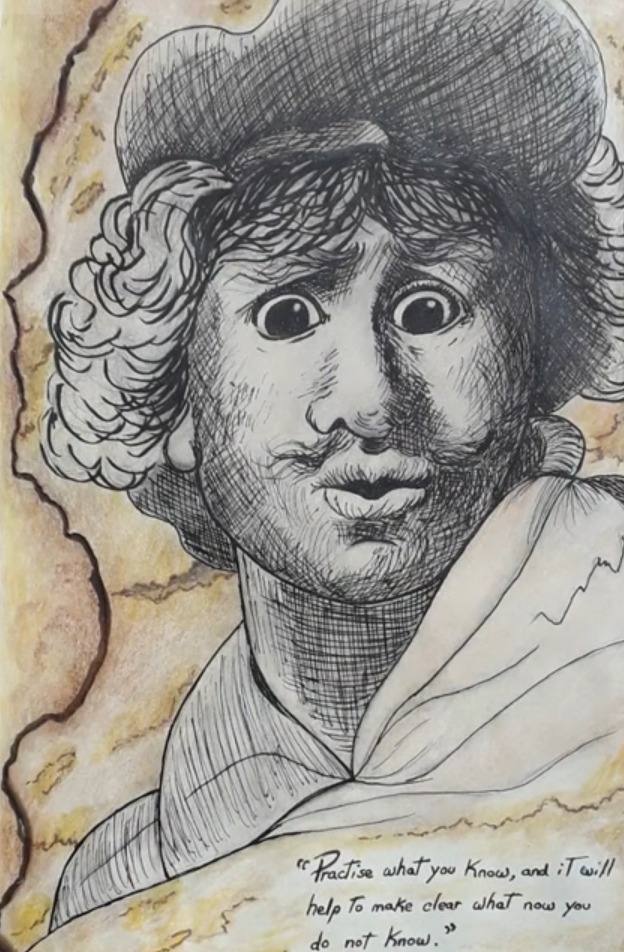Pen and ink study of a Rembrandt self portrait with a cap, curly hair and wide eyes, crosshatched on a sepia background in a sketchbook