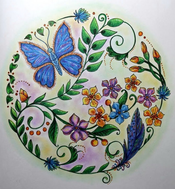 Coloring page from Rita Berman’s Mein Frühlingsspaziergang: a blue butterfly in a round wreath of green leaves and vines with orange, purple and pink flowers and a blue leaf