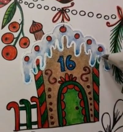 Colored pencil gingerbread house from Rita Berman's advent calendar coloring page: golden-brown walls, white icing with red candies, a blue number 16, a green door and red berries