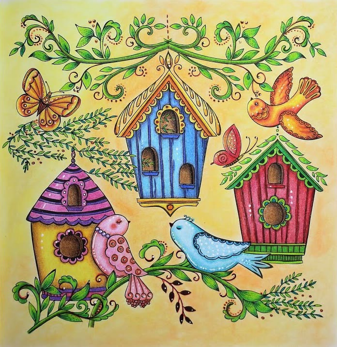 Colored pencil page from Rita Berman's Mein Frühlingsspaziergang: a blue, a red and a pink-and-yellow birdhouse with pink, blue and orange birds, butterflies and green vines on a warm yellow background
