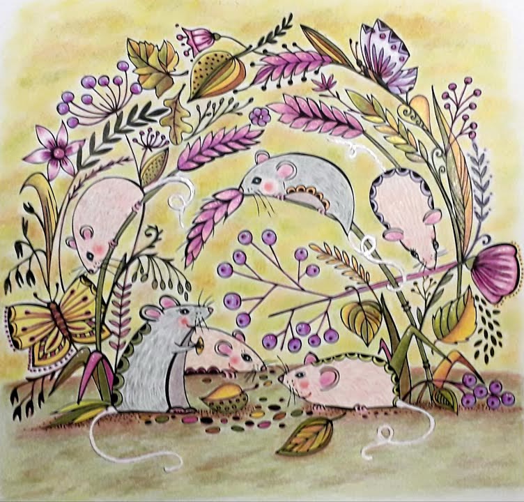 Colored pencil page from Rita Berman's Mein Spaziergang durch die Jahreszeiten: six little grey and pink mice in an autumn wreath of purple flowers, berries, pink wheat ears, leaves and a yellow butterfly on a golden-yellow background