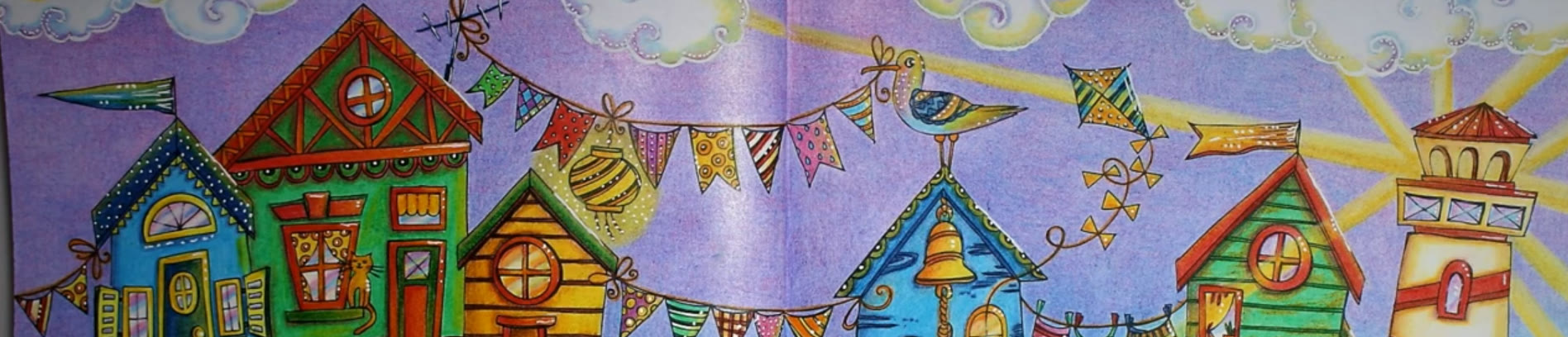 Row of bright colored pencil beach huts, bunting, a seagull, a kite and a lighthouse with sun rays under a purple sky, from Rita Berman’s Mein Sommerspaziergang