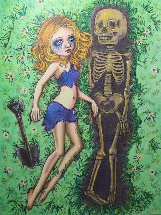 Colored pencil Halloween coloring page: a blonde girl in a blue top and skirt with tear-streaked blue eye makeup lying in green grass next to a skeleton in an open grave, with a black shovel and small yellow flowers
