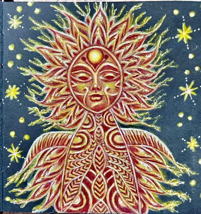 Colored pencil drawing on black paper of Sol Invictus: a sun face with closed eyes and a glowing dot on the forehead, red and golden flaming rays, a body of leaf and chevron patterns, and yellow stars and dots around it