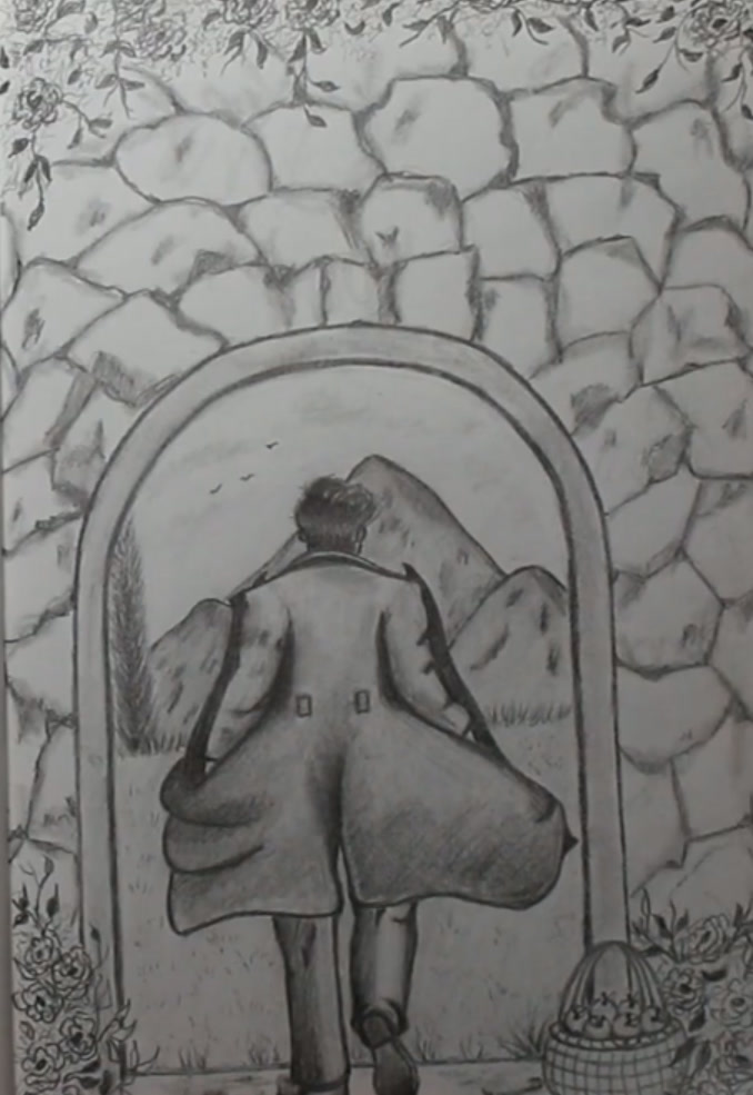 Graphite pencil drawing of a wanderer walking through a stone archway toward the mountains, by Marah Maitale Art