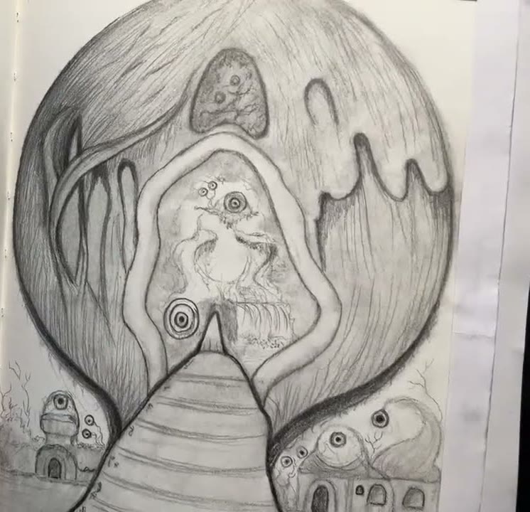 Finished pencil drawing of a surreal dream world: a giant sphere with a stairway leading up to a portal, small round houses and big-eyed creatures
