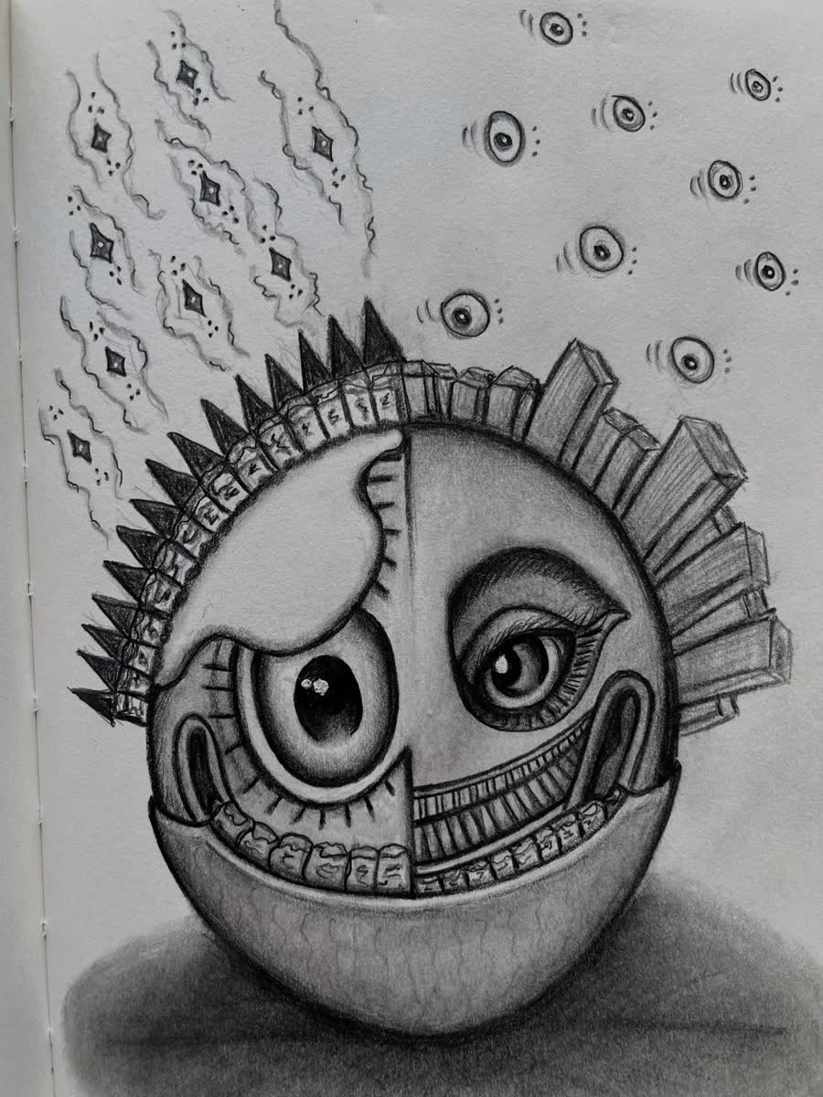 Graphite pencil drawing of a surreal round face split in two, one half with a big staring eye and bare teeth, the other with a lashed eye and smile, under a spiky crown
