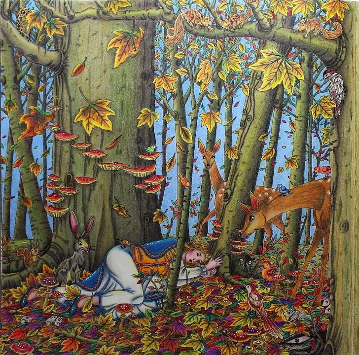 Colored pencil page from Tomislav Tomic's Dromenvanger: a girl in a blue and white dress asleep in orange and red autumn leaves under tall green trees, with two deer, a hare, squirrels, birds and red toadstools against a pale blue sky