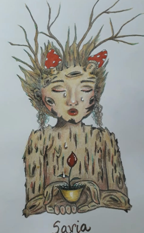 Colored pencil fantasy illustration "Savia", a crying tree spirit girl with branches, red toadstools and a red flower bud, by Marah Maitale Art