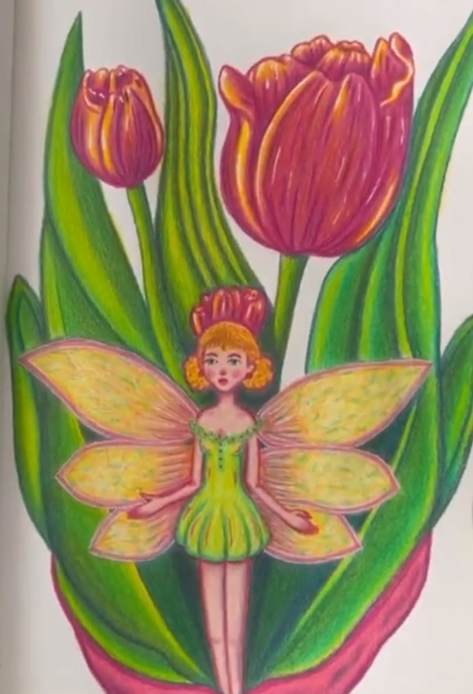 Colored pencil sketchbook drawing of a small fairy with golden curls, a tulip-shaped red cap, yellow wings with pink edges and a green dress, standing between two big red tulips and long green leaves, by Marah Maitale Art