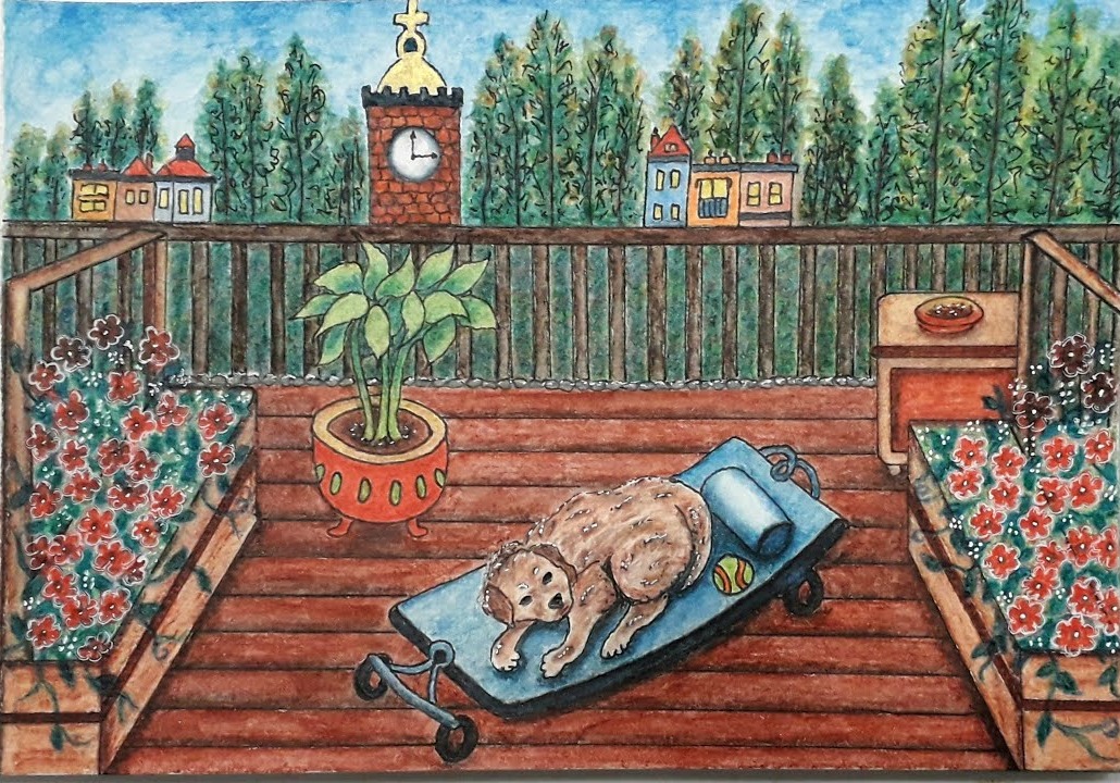 Watercolor pencil urban sketch of a balcony with a dog on a lounger, flower boxes and a clock tower, by Marah Maitale Art