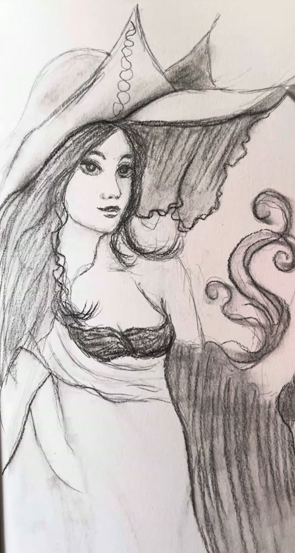 Pencil and charcoal sketchbook drawing of a woman with long wavy hair in a draped off-shoulder gown, standing beside a dark charcoal curtain with a wavy hem