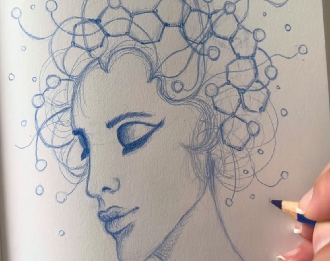 Blue colored pencil portrait of a woman in profile whose hair becomes a network of circles and connections