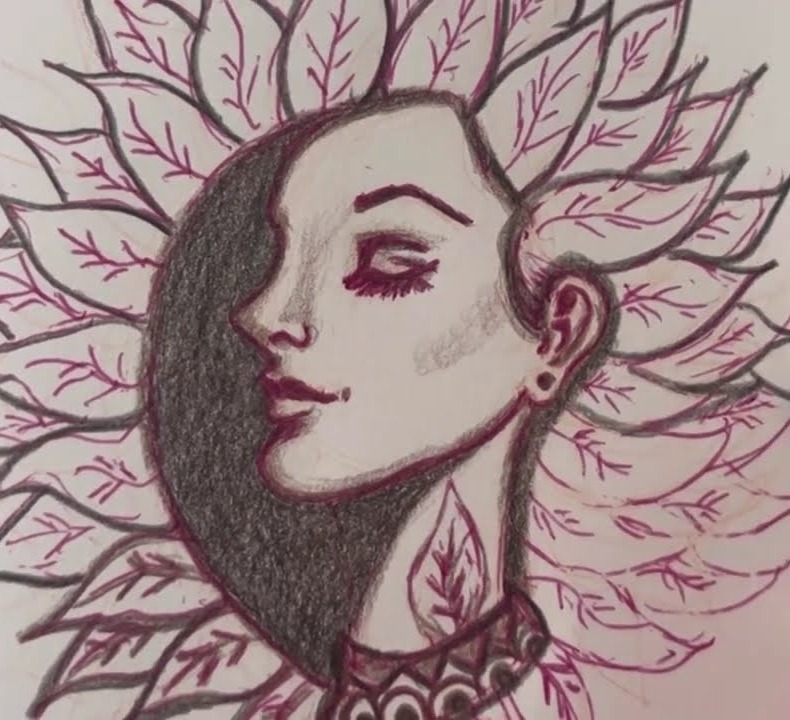 Pen and colored pencil drawing of a woman's face in profile with closed eyes and an earring, the back of her head in dark graphite shadow, surrounded by a halo of purple-veined leaves