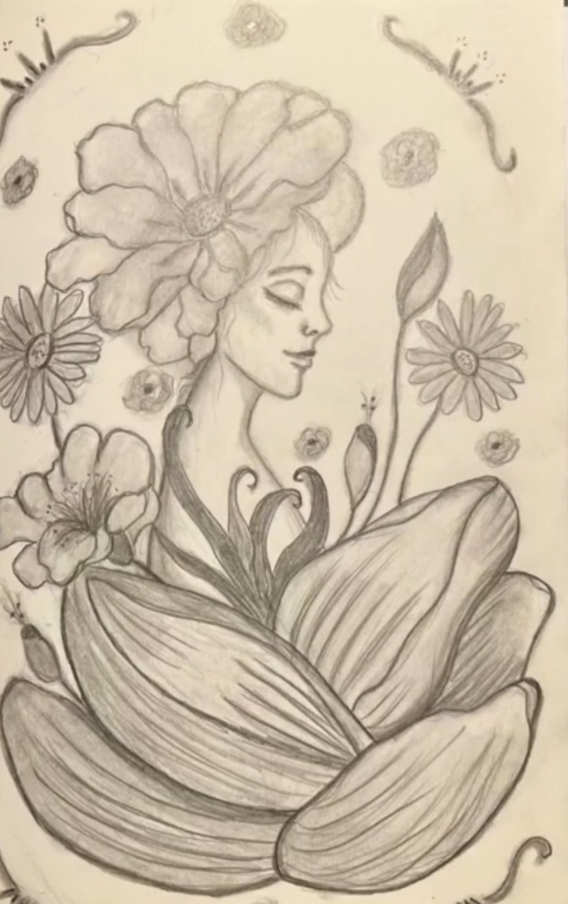 Graphite pencil drawing of a woman in profile with a big flower in her hair, surrounded by daisies, lilies and large petals