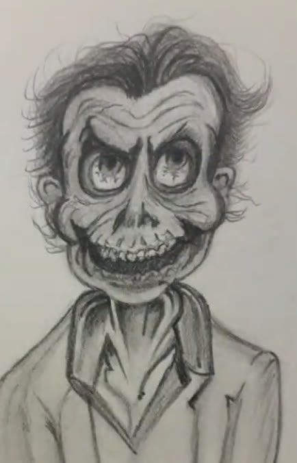 Graphite pencil drawing of a zombie man with wild messy hair, a wrinkled forehead, hollow staring eyes and a skull-like grin full of teeth, wearing a shirt with a wide collar and a jacket